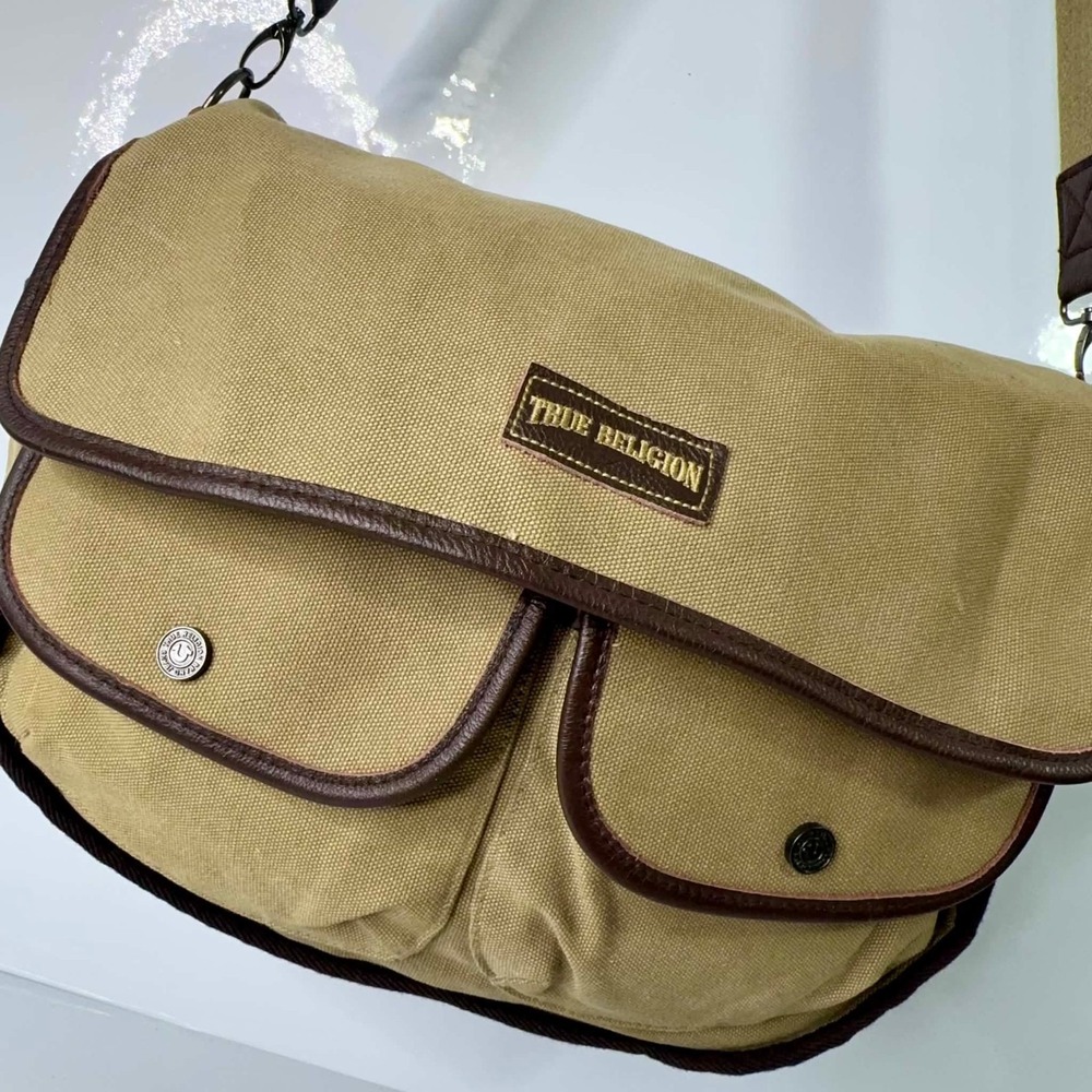True Religion Y2K Canvas Messenger Bag Tan Brown Quilted Shoulder Crossbody TR
